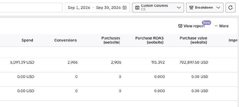 TikTok ads account, September 2026: $6,091.39 spent, 2,906 purchases, $702,897.60 purchase value, 115.392 purchase return on ad spend.