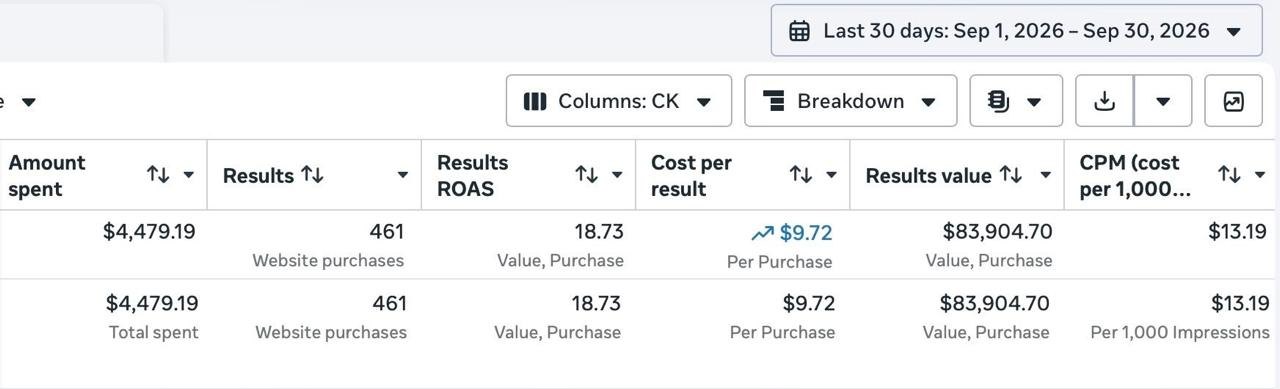 Meta ads account, September 2026: $4,479.19 total spent, 461 website purchases, $83,904.70 results value, 18.73 results return on ad spend.