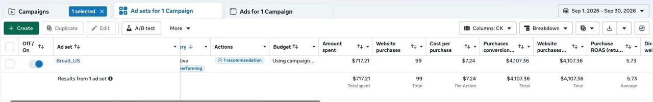 Meta ad set, September 2026: $717.21 spent, 99 website purchases, $4,107.36 website purchases conversion value, 5.73 purchase return on ad spend.